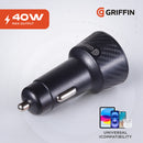 Griffin PowerJolt 40W Car Charger with Dual USB-C and USB-A Ports, Fast Charging, 3-Port Design, Universal Compatibility – Black