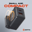 Griffin PowerBlock 20W Wall Charger with Smartwatch Wireless Charging, Dual USB-A & USB-C Ports, 2.5W Smartwatch Charger, Foldable Plug