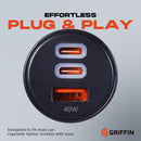 Griffin PowerJolt 40W Car Charger with Dual USB-C and USB-A Ports, Fast Charging, 3-Port Design, Universal Compatibility – Black