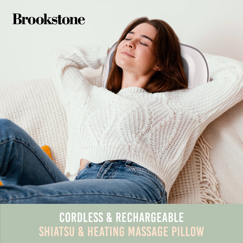 Brookstone-CORDLESS&RECHARGEABLE SHIATSU&HEATING MASSAGE PILLOW