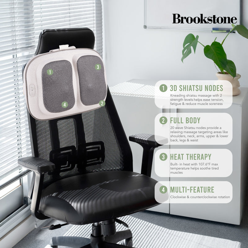 Brookstone-CORDLESS&RECHARGEABLE SHIATSU&HEATING MASSAGE PILLOW