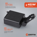 Griffin PowerJolt 45W 4-in-1 Travel Car Charger with Retractable USB-C Cables, Dual USB-C + USB-A Ports, Up to 28" Reach, Fast Charging