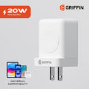 Griffin PowerBlock 20W Wall Charger with Smartwatch Wireless Charging, Dual USB-A & USB-C Ports, 2.5W Smartwatch Charger, Foldable Plug